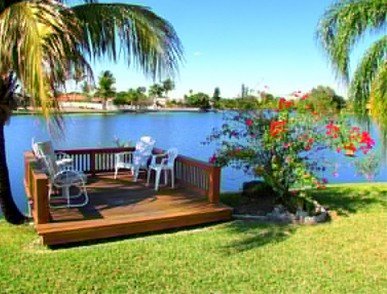 A deck overlooking a lake in Fort Lauderdale, Florida.