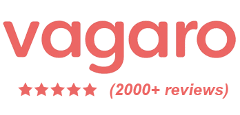Vagaro Logo In Coral Red Text With A Note Below Stating "5 Star Rating (2000+ Reviews)" In Red.