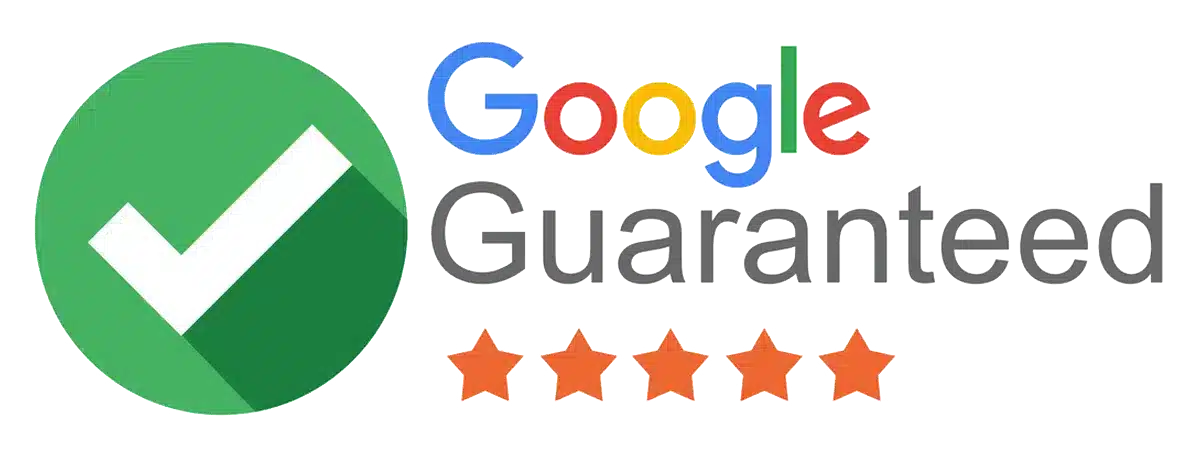 Google Guaranteed Badge With A Green Checkmark, The Words "google Guaranteed," And Five Orange Stars Below, Indicating A Rating Or Endorsement.